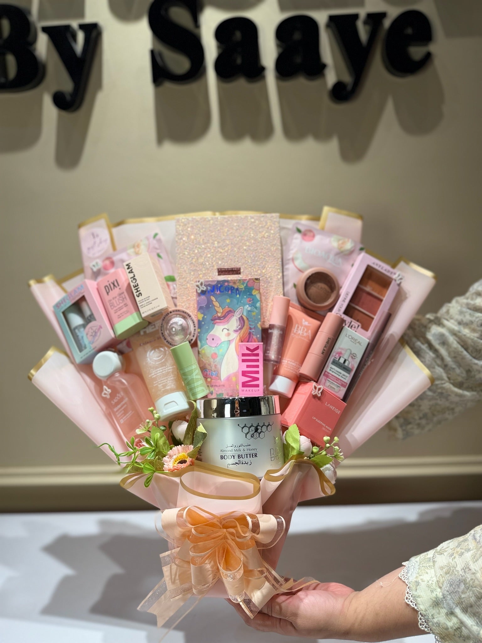 Pretty in pink makeup bouquet