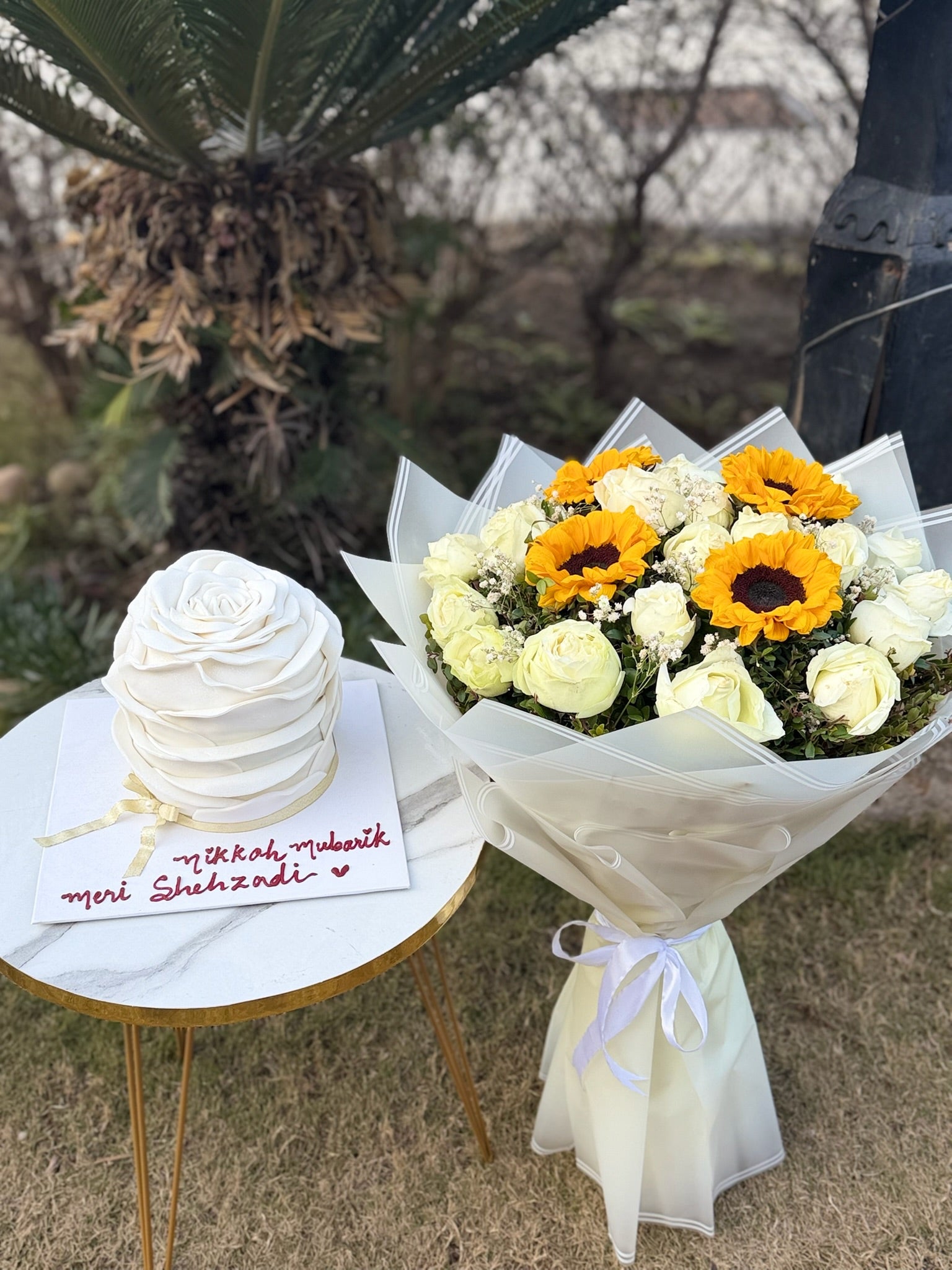White themed Cake and Flowers