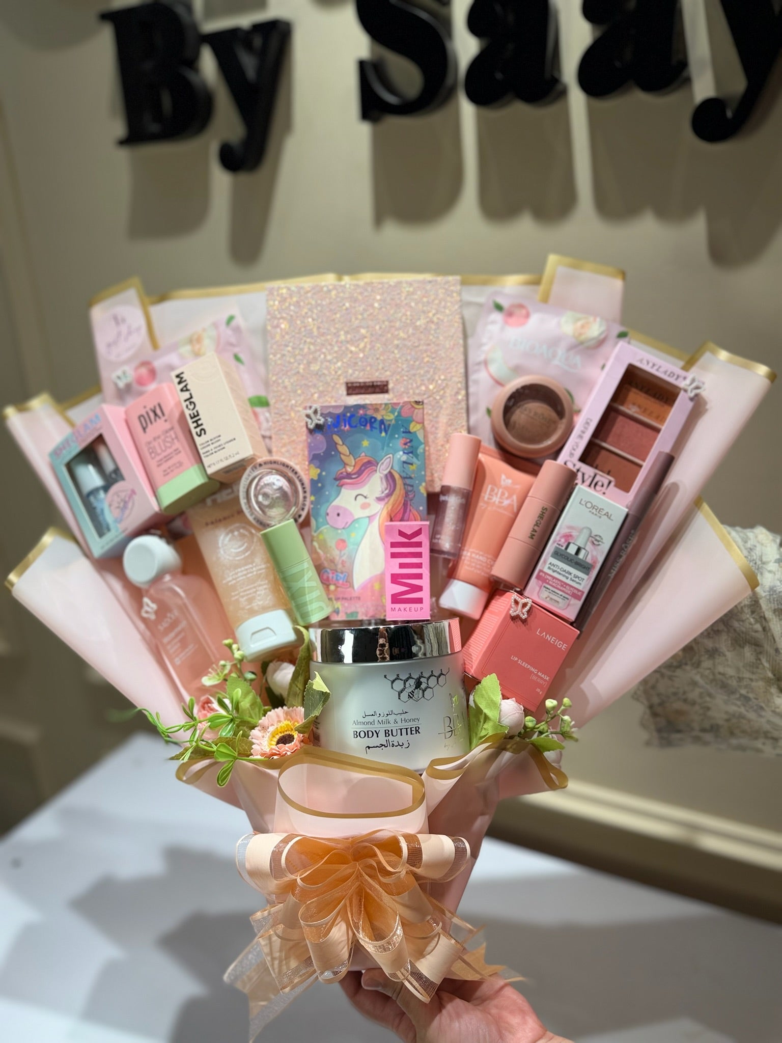 Pretty in pink makeup bouquet