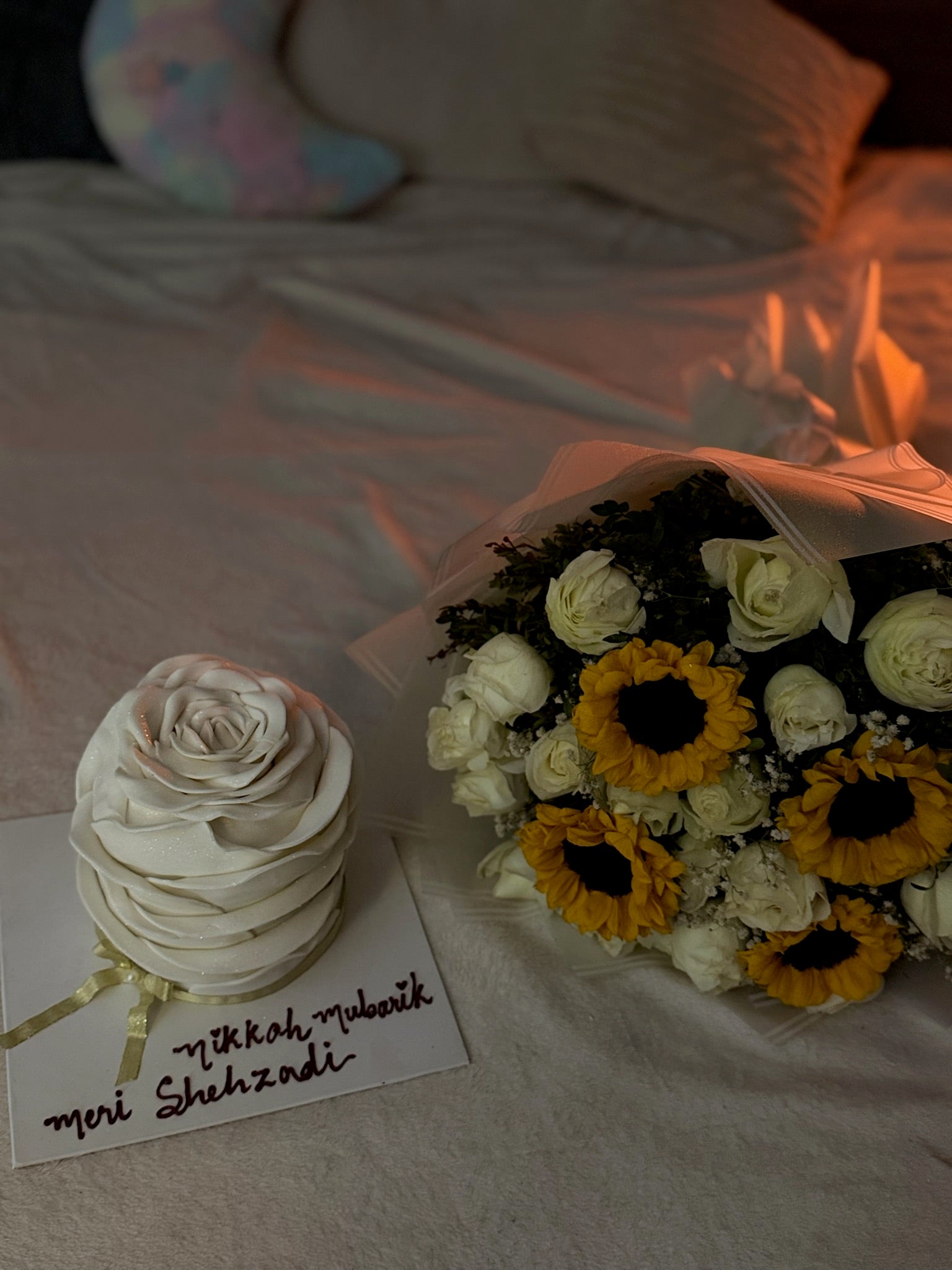 White themed Cake and Flowers